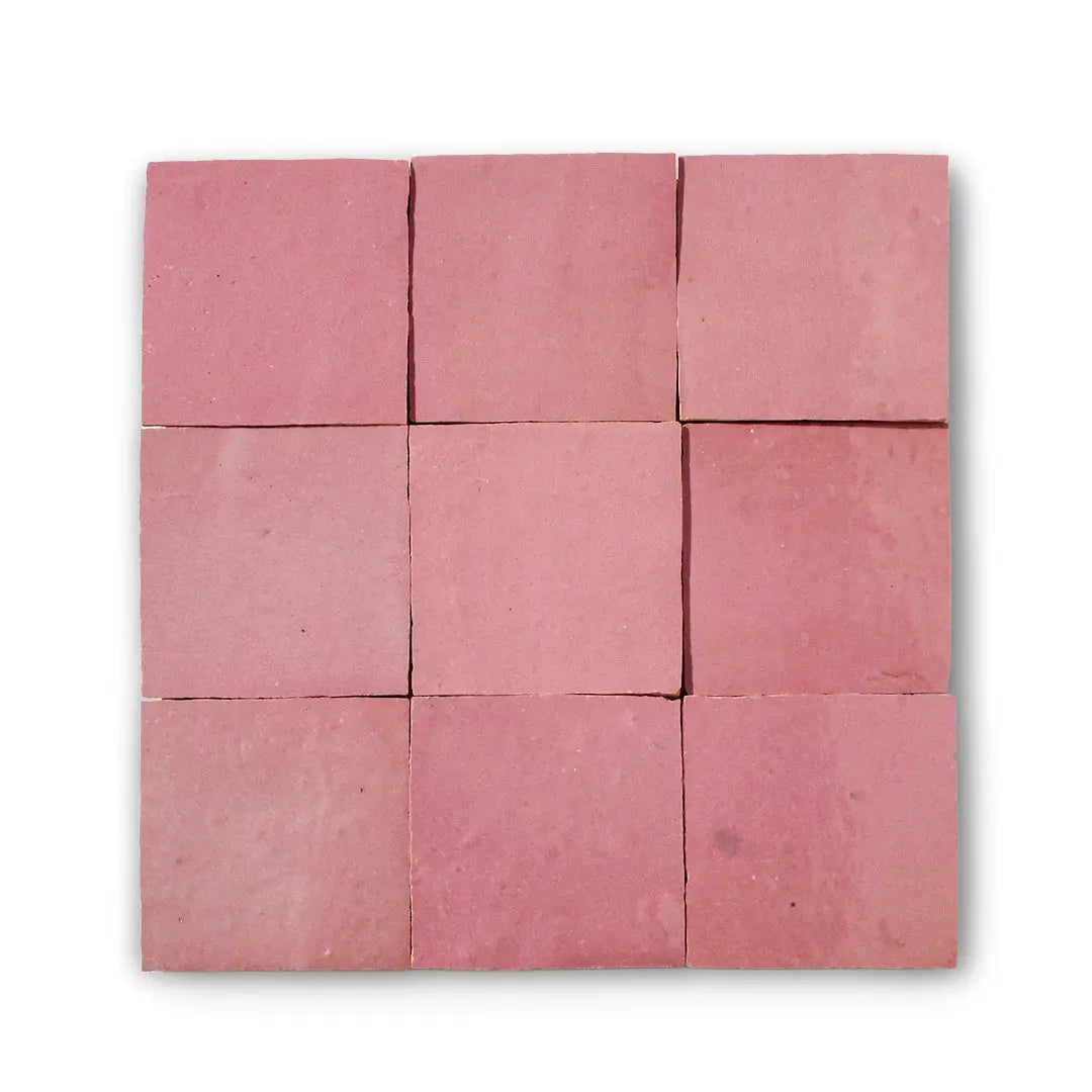 Medium pink zellige tile with smooth glaze and consistent color tone. Hand-cut and finished. Suitable for indoor walls.